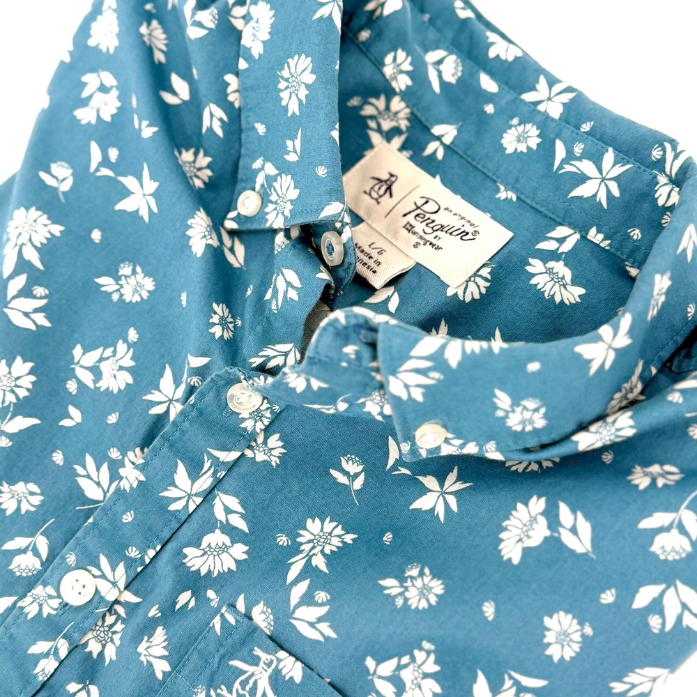 Original Penguin Button Down Mens Large Teal Excellent Floral Short Sleeve Shirt